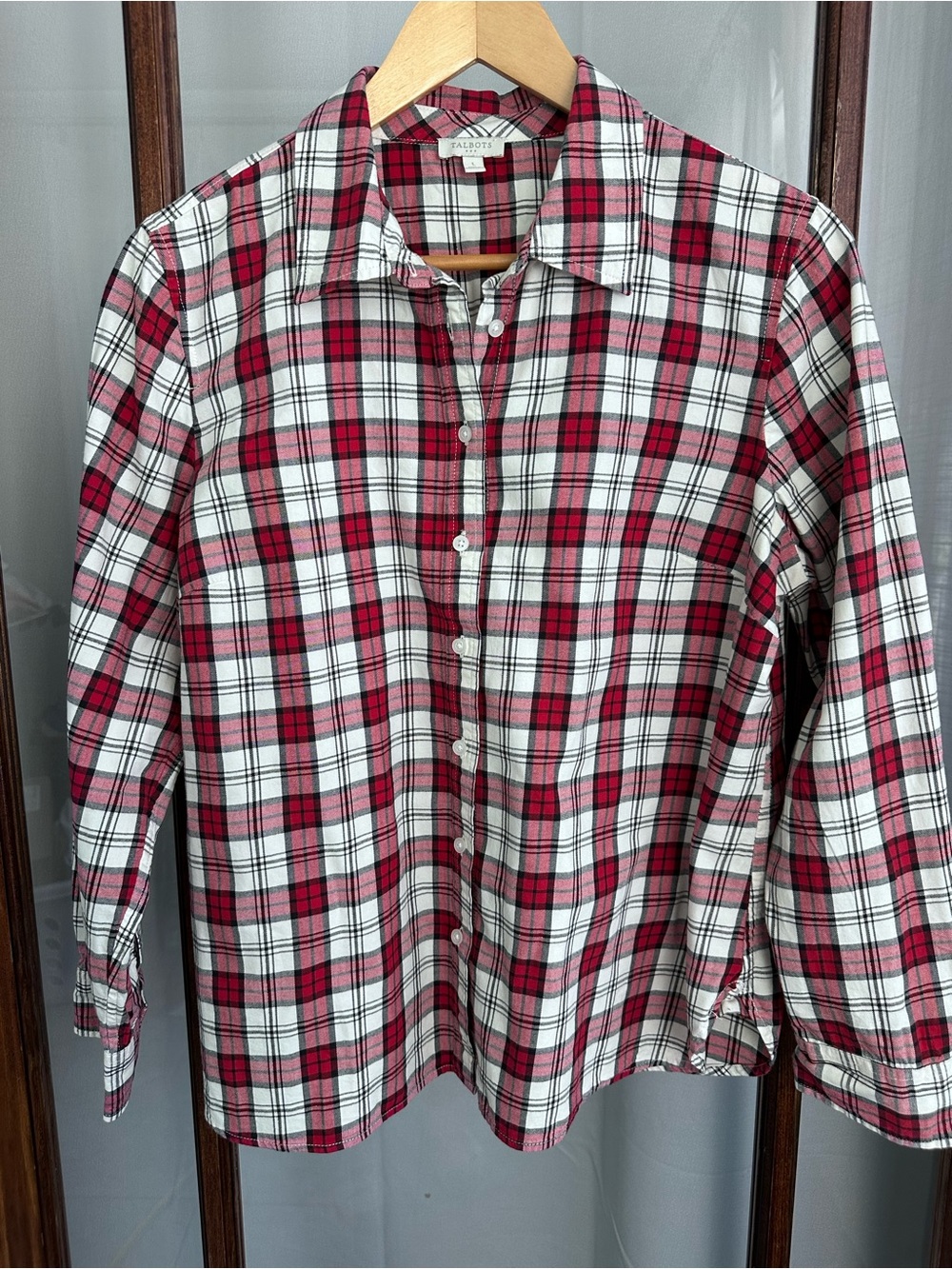 Talbots Large Plaid Flannel‎ Button Up Shirt Holiday Metallic Cotton Christmas